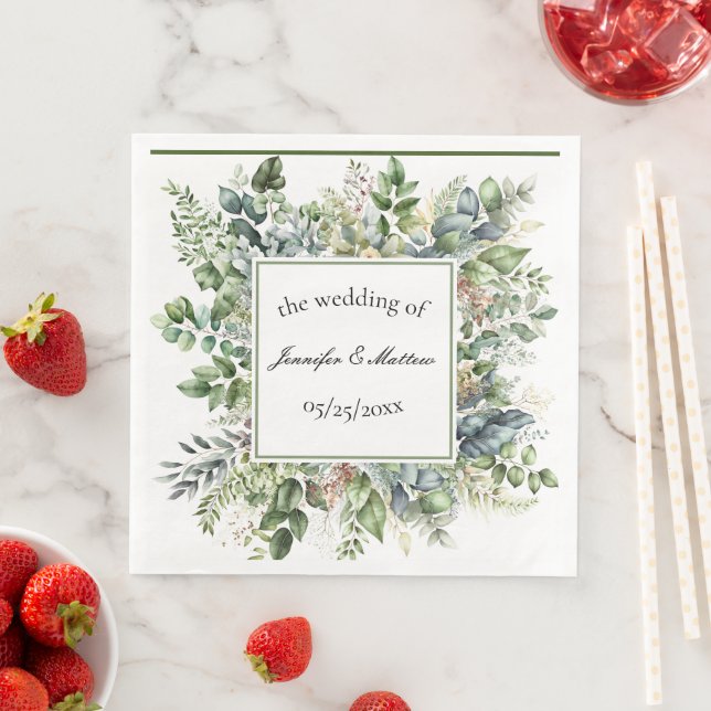 Elegant Watercolor Green Leaves Custom Wedding  Napkin (Insitu)