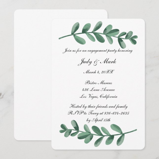 Elegant Watercolor Green Leaves Engagement Party Invitation (Front/Back)