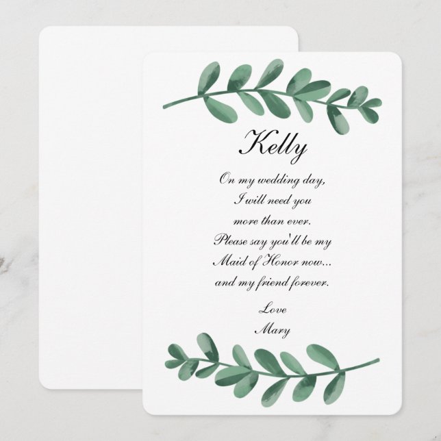 Elegant Watercolor Green Leaves Maid Of Honour Invitation (Front/Back)
