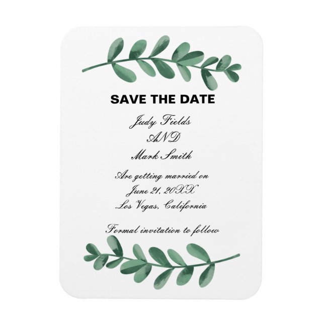 Elegant Watercolor Green Leaves Save The Date Magnet (Vertical)