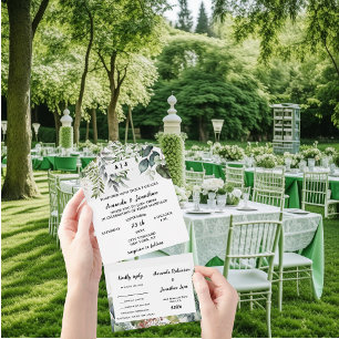 Elegant Watercolor Green Leaves Wedding All In One Invitation