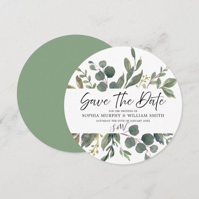 Elegant Watercolor Green Leaves Wedding Greenery Save The Date (Front/Back)