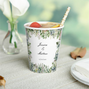 Elegant Watercolor Green Leaves Wedding Party Paper Cups