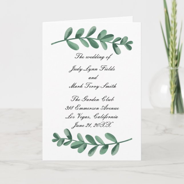 Elegant Watercolor Green Leaves Wedding Program Card (Front)