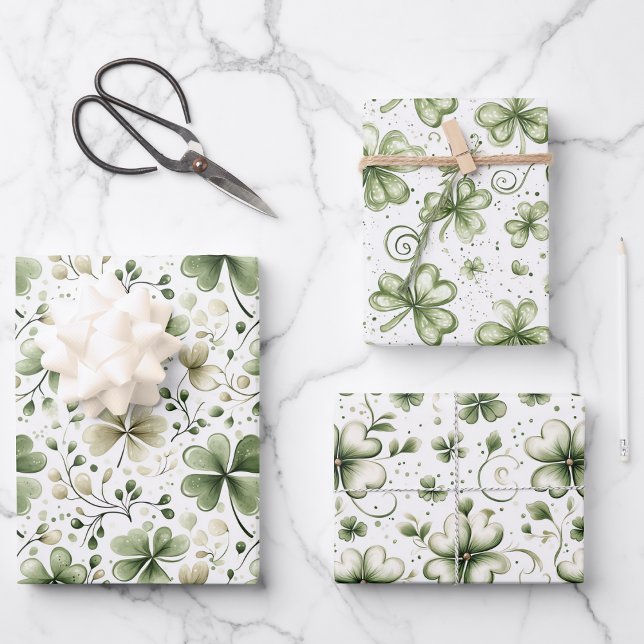 Elegant Watercolor Green Shamrocks Patterns Wrapping Paper Sheet (Creator Uploaded)