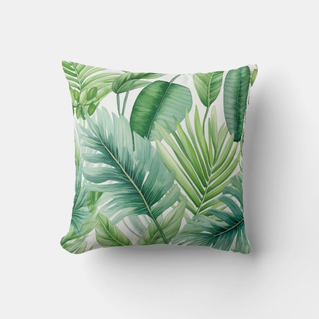 Elegant Watercolor Green Tropical Leaves Pattern Cushion (Front)
