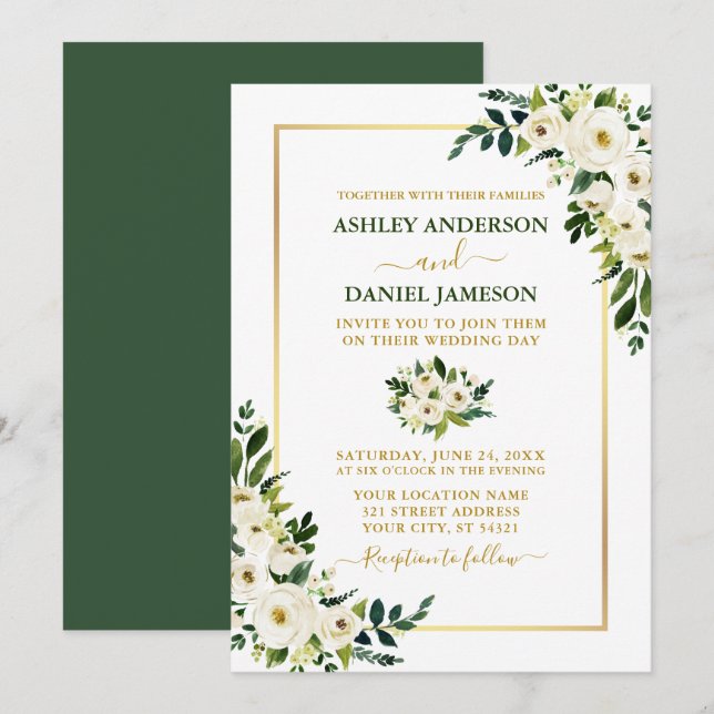 Elegant Watercolor Green White Floral Gold Wedding Invitation (Front/Back)