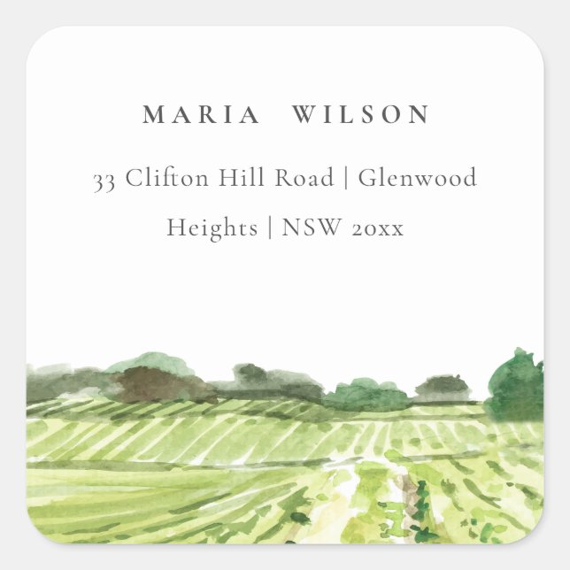 Elegant Watercolor Green Winery Vineyard Address Square Sticker (Front)