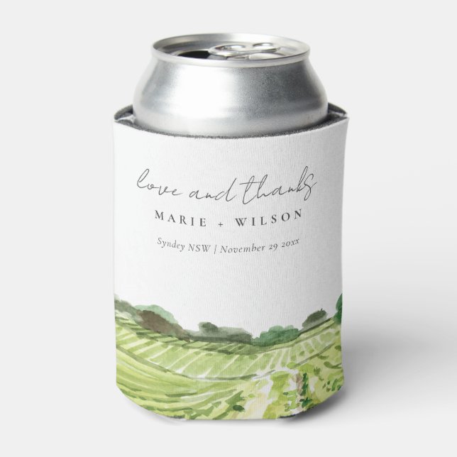 Elegant Watercolor Green Winery Vineyard Wedding Can Cooler (Can Front)