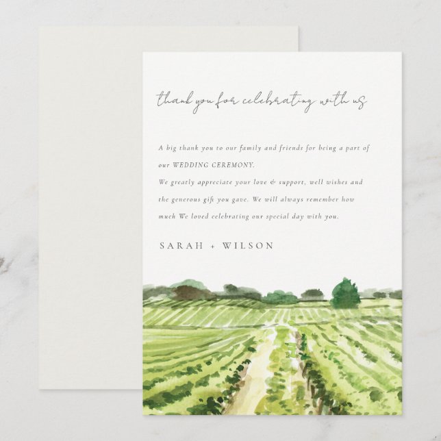 Elegant Watercolor Green Winery Vineyard Wedding Thank You Card (Front/Back)