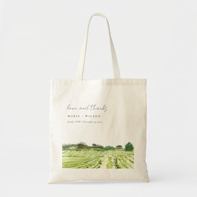 Elegant Watercolor Green Winery Vineyard Wedding Tote Bag (Front)