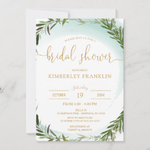 Elegant Watercolor Greenery and Mint Bridal Shower Invitation