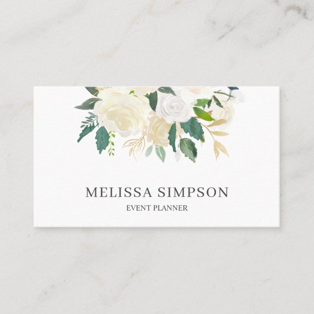 Elegant Watercolor Greenery And White Flowers Business Card (Front)