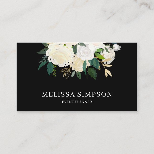 Elegant Watercolor Greenery And White Flowers Business Card (Front)