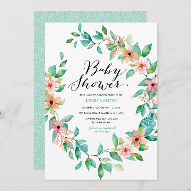 Elegant Watercolor Greenery Baby Shower Invitation (Front/Back)