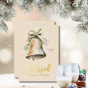Elegant Watercolor Greenery Bell & Ribbon Design Foil Holiday Card