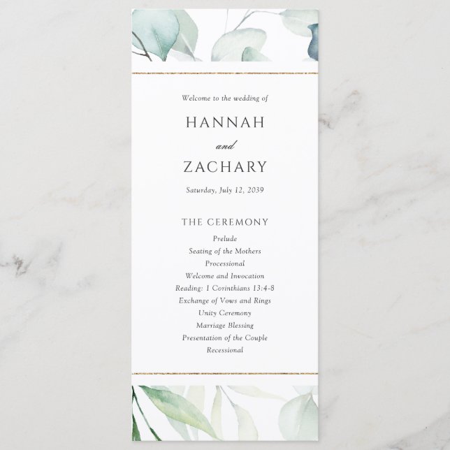Elegant Watercolor Greenery Botanical Wedding Programme (Front)