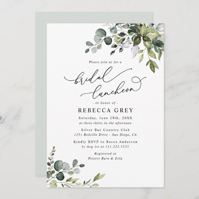Elegant Watercolor Greenery Bridal Luncheon Shower Invitation (Front/Back)