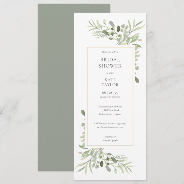 Elegant Watercolor Greenery Bridal Shower Invitation (Front/Back)