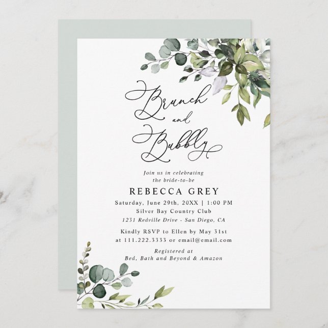 Elegant Watercolor Greenery Brunch & Bubbly Shower Invitation (Front/Back)