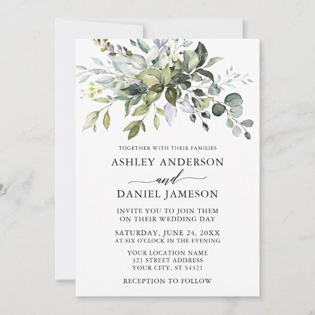 Elegant Watercolor Greenery Calligraphy Wedding Invitation (Front)