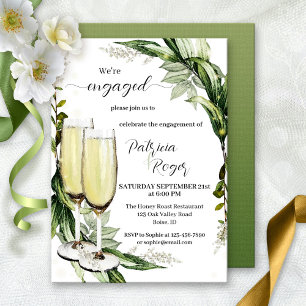 Elegant Watercolor Greenery Champagne Engagement Invitation