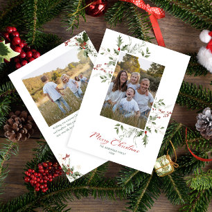 Elegant Watercolor Greenery Christmas 2 Photo Holiday Card