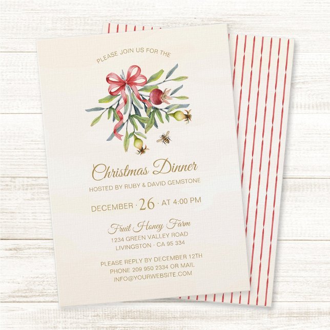 Elegant Watercolor Greenery Christmas Celebration Invitation (Elegant, watercolor greenery red bow holiday Christmas dinner party invitation.)