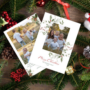 Elegant Watercolor Greenery Christmas Four Photo Holiday Card