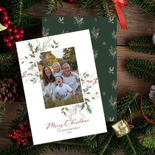 Elegant Watercolor Greenery Christmas Photo Holiday Card