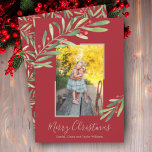 Elegant Watercolor Greenery Christmas Photo Holiday Card<br><div class="desc">Holly and berries accent your favorite photo with your names and greeting in chic lettering in any color on the front. CHANGE the background color (we show red) and frame color too (we show gold.)**ADD more photos or details on the back. Select Matte for heaviest paper and high definition for...</div>