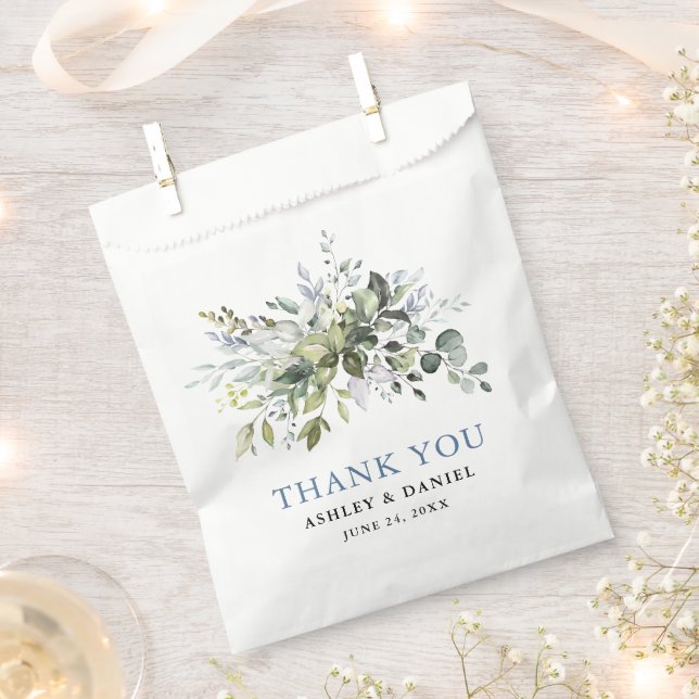 Elegant Watercolor Greenery Dusty Blue Wedding Favour Bags (Clipped)