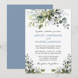 Elegant Watercolor Greenery Dusty Blue Wedding Invitation