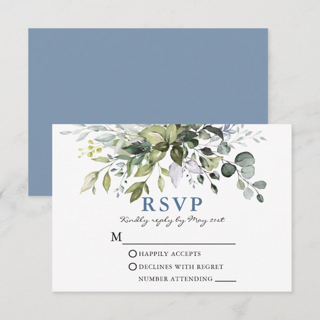 Elegant Watercolor Greenery Dusty Blue Wedding RSVP Card (Front/Back)