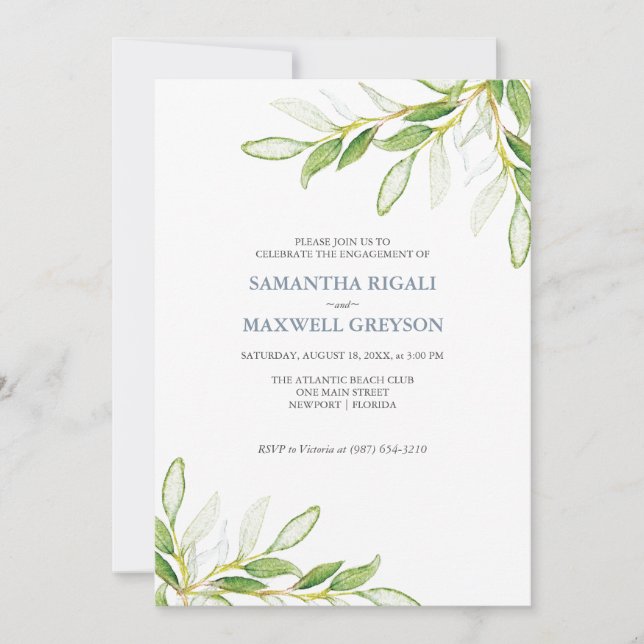 Elegant Watercolor Greenery Engagement Party (Front)