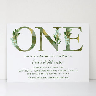 elegant watercolor Greenery First Birthday  Invitation