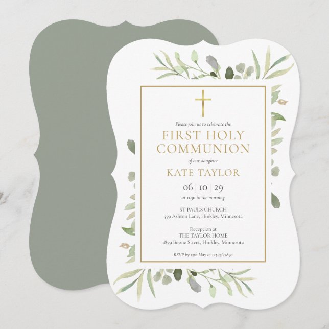Elegant Watercolor Greenery First Holy Communion Invitation (Front/Back)