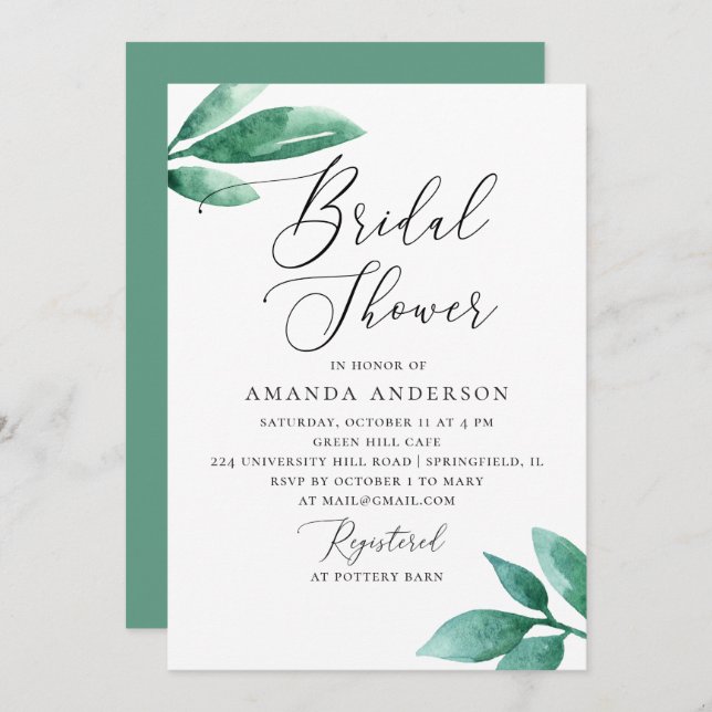 Elegant watercolor greenery floral bridal shower invitation (Front/Back)