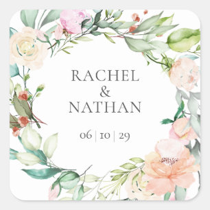 Elegant Watercolor Greenery Floral Wedding Favour Square Sticker