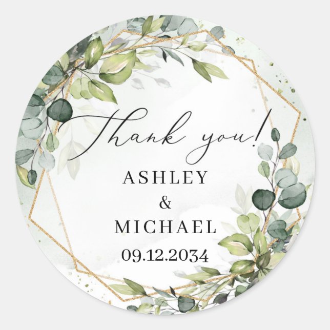 Elegant watercolor greenery foliage gold wedding  classic round sticker (Front)