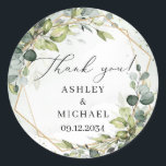 Elegant watercolor greenery foliage gold wedding  classic round sticker<br><div class="desc">Stunning design for wedding sticker - Watercolor eucalyptus mixed soft pastel green leaves woven into faux gold geometric frame and combined trendy calligraphy font makes this design so impressive. For enhance bohemian feeling this amazing floral bouquet combined modern calligraphy script font. Don't hesitate to contact me for matching items or...</div>