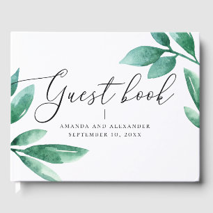 Elegant watercolor greenery foliage script wedding guest book