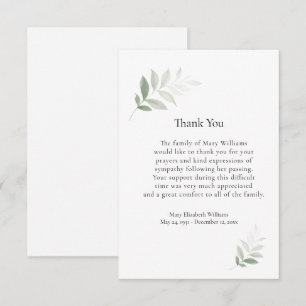 Elegant Watercolor Greenery Funeral Thank You Card