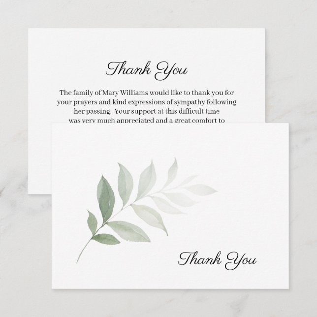 Elegant Watercolor Greenery Funeral Thank You Card (Front/Back)