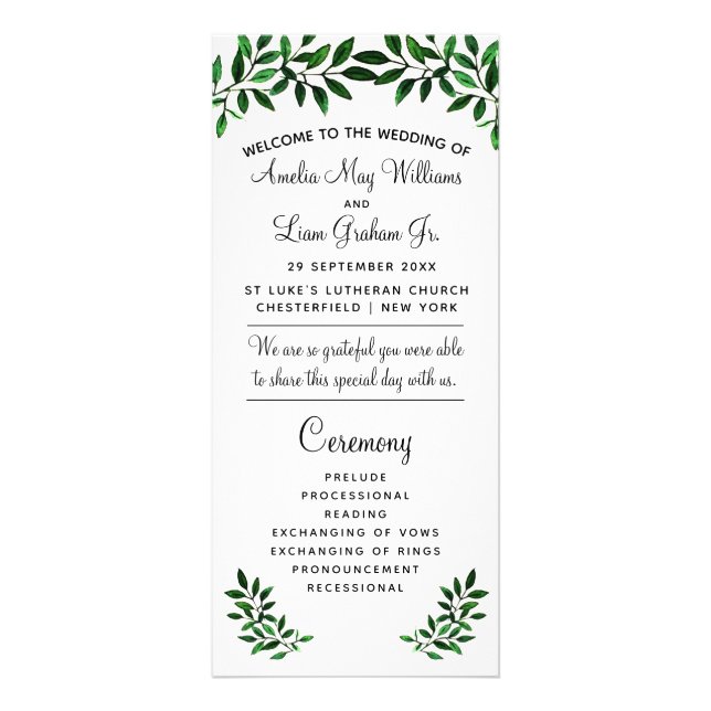 Elegant Watercolor Greenery Garden Wedding Program Rack Card (Front)