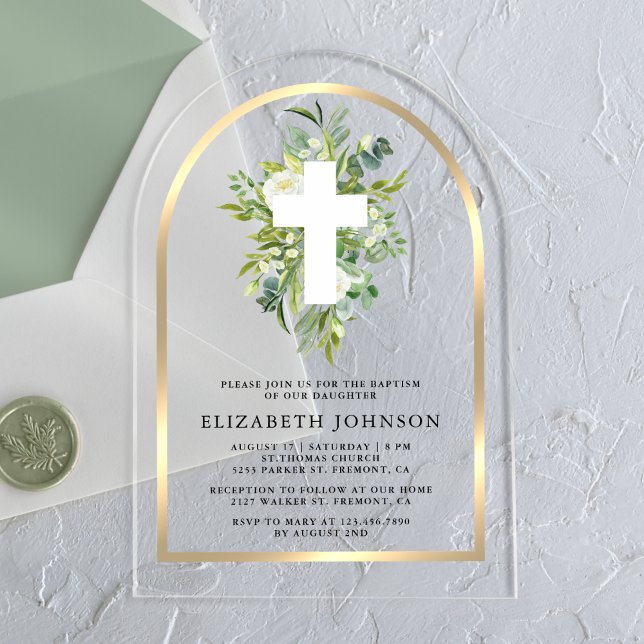Elegant Watercolor Greenery Gold Arch Baptism Acrylic Invitations (Creator Uploaded)