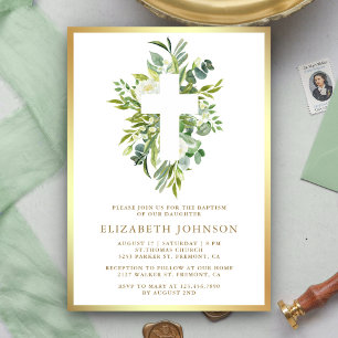 Elegant Watercolor Greenery Gold Baptism Invitation