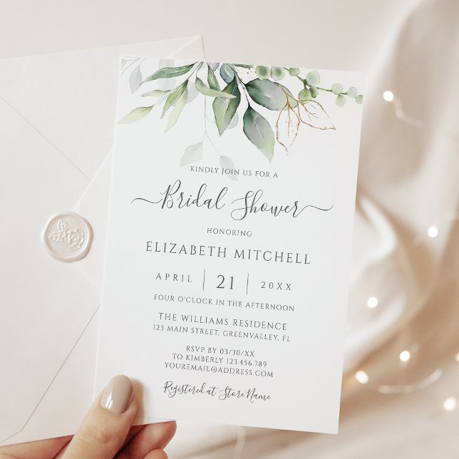 Elegant Watercolor Greenery Gold Bridal Shower Invitation (Creator Uploaded)