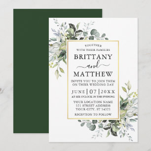 Elegant Watercolor Greenery Gold Frame Wedding Invitation