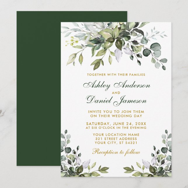 Elegant Watercolor Greenery Gold Green Wedding Invitation (Front/Back)